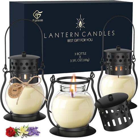 Citronella Candles Outdoor with Vintage Lantern - 3pcs 3.5oz DEET Free Lemongrass Scented Candles for Camping Patio Garden, Natural Citronella Soy Wax Candle, Gifts for Women in Saudi Arabia