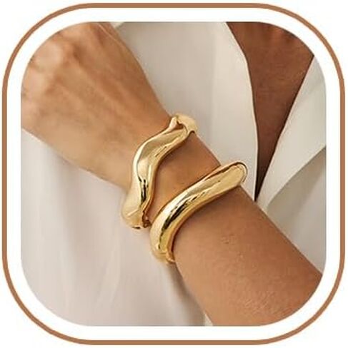 Salircon Gold Bangle Bracelets for Women Gold Wide Chunky Cuff Bracelets Trendy Hinged Cuff Open Wide Chunky Bracelet Irregular Minimalist Cuff Jewelry in Kuwait