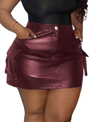 WDIRARA Women's Plus Size PU Leather Mini Skirt High Waisted Flap Pocket Cargo Skirt in Saudi Arabia