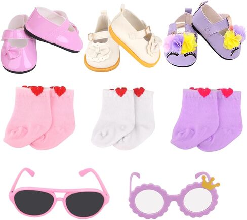 MSYO Doll Shoes for 18 Inches Dolls, 19 Pcs 18 Inches Doll Accessories Include 7 Pairs of Cute Shoes, 2 Pairs of Socks, Glasses, Doll Gray Snow Boots, Pink Boots, Sandals, Sequin Shoes, Bow Shoes in Kuwait