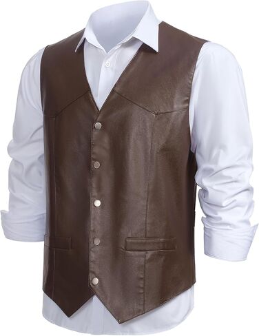 Men's Western Cowboy Vest,Vintage Cowboy Suit Vest with Bolo Tie,Slim Wedding Vests,Leather Light Casual Vests in Kuwait