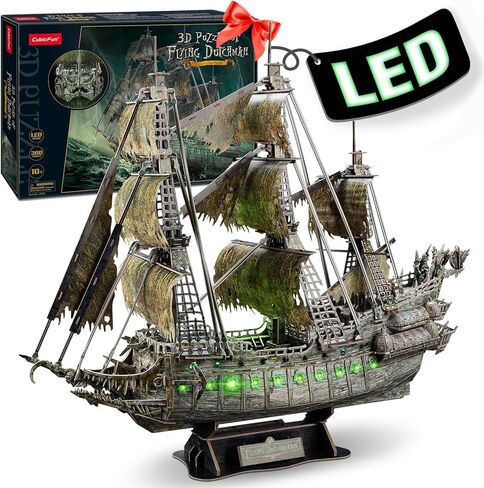3D Puzzle for Adults Moveable LED Pirate Ship with Detailed Interior Decoration, Large Queen Anne's Revenge Desk Puzzles, Difficult 3D Puzzles with Lights Gifts for Men Women in Kuwait