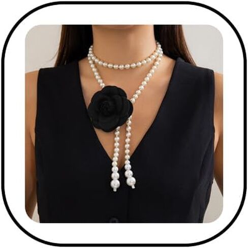 Camellia Pearl Necklace Multilayer Pearl Wrapping Choker Necklace Black White Camellia Flower Choker Long Tassel Pearls Pendant Necklace Wedding Bridal Party Dress Jewelry for Women in Saudi Arabia