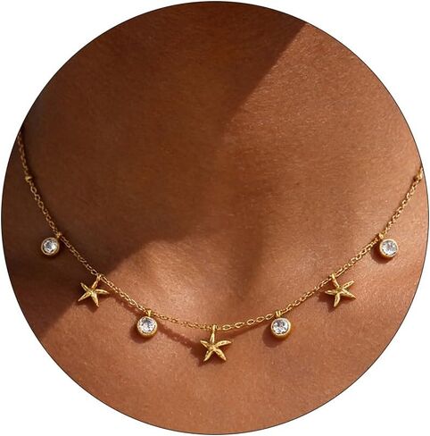 Gold Necklaces for Women 18K Gold Plated Diamond Choker Necklace Dainty Star Flower Shell Dragonfly Dolphin Cute CZ Charm Everyday Summer Beach Jewelry in Kuwait