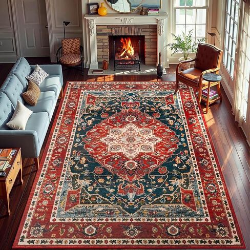 YJ.GWL Area Rug 4x6 Boho Floral Print Distressed Vintage Rug, Traditional Floor Cover Foldable Thin Throw Rugs Retro Accent Carpet, Indoor Non Slip Washable Rugs for Living Room Bedroom, Red in Kuwait