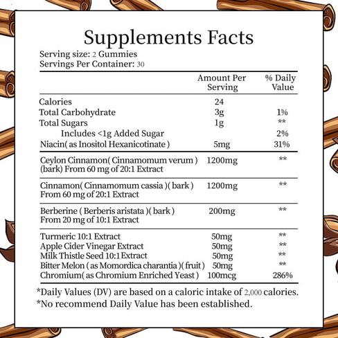 Ceylon Cinnamon Gummies ، Ceylon Cinnamon 2400mg مع البربرين ، الكركم ، خل التفاح ، البطيخ المرير ، الكروم - 60 تهم in Kuwait