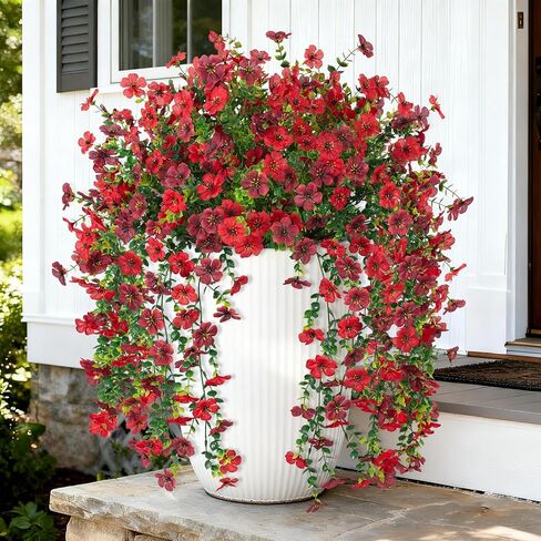 Artificial Hanging Plants Flowers for Outdoor Srpring Summer Decoration, 2pcs Fake Realistic Daisy Eucalyptus for Outdoors, Faux Plastic Greenery Long Vine Indoor Wall Patio Porch Decor, Red Brown in Kuwait