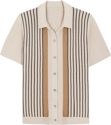 Men's Stripe Knit Shirt Button Down Short Sleeve Polo Shirt Sweater in Kuwait