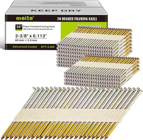 meite 30 Degree Framing Nails, 3-inch x .120-inch, Ring Shank, Paper Tape, Offset Round Head, Galvanized Framing Nails for Framing Nailers (2,000 Counts) in Kuwait