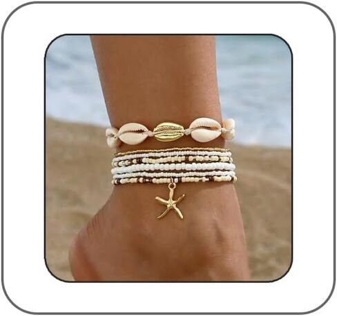 Seashell Ankle Bracelet for Women,Colorful Starfish Stack Stretch Bead Ankles Set Adjustable Waterproof Mermaid Ankle Chain Bracelet Hawaii Summer Beach Vacation Foot Mermaid Jewelry in Kuwait