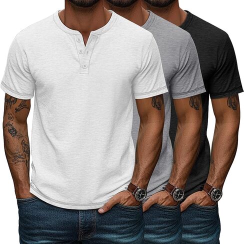 Huukeay 3 Pack Men's Big & Tall Henley Short Sleeve Shirts, Cotton Crew Neck Casual Button T-Shirts Summer Basic Tees Tops in Kuwait