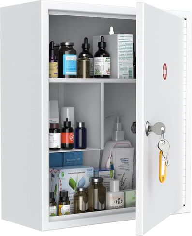 Uniclife Wall Mount Medicine Cabinet with Combination & Key Lock Locking First Aid Cabinet Lockable Medical Cabinet Large Capacity Medicine Organizer Secure Steel Wall Cabinet Metal Storage Box, White in Kuwait