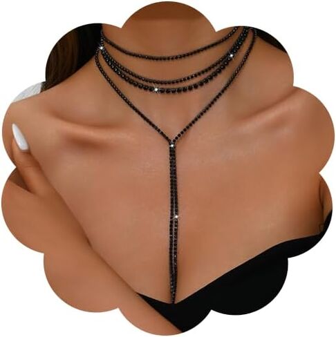 Rhinestone Statement Necklace Layered Sexy Choker Necklace Long Layered Necklaces for Women Multilayered Y Long Rhinestones Choker Necklaces in Kuwait