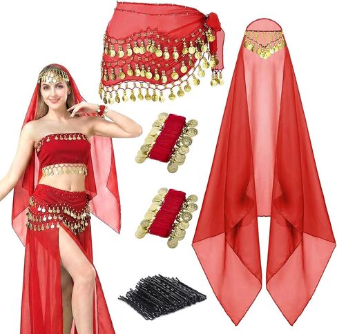 4 Pcs Belly Dance Hip Scarf Sets, Belly Dance Skirt & Head Scarf with Coins, 2 Coin Wrist Bracelet 50 Bobby Pins in Kuwait