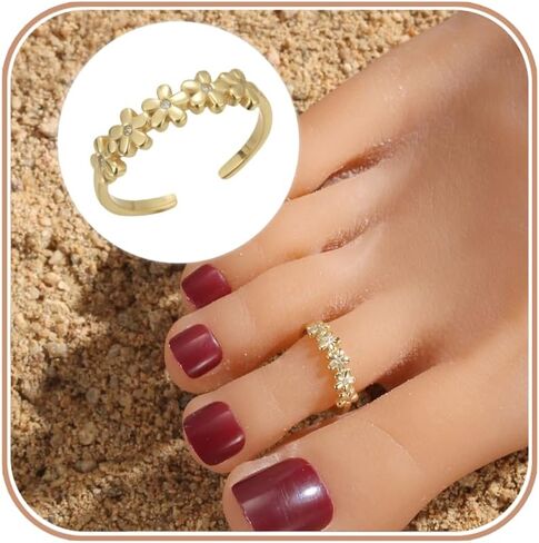 Daisy Toe Ring for Women ، 925 Sterling Silver Flowers Flowers قابلة للتكديس خاتم القدم المفتوح لابنة الأم 14K الذهب المطلي بالذهول الأخضر تشيك توريد القدم الأميرك in Kuwait