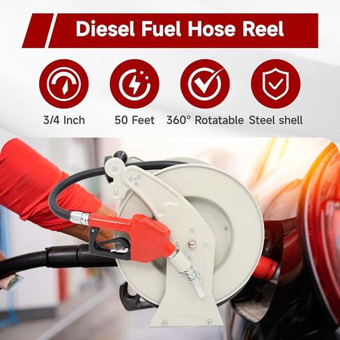 findmall 3/4 Inch x 50 Ft Diesel Fuel Hose Reel with Fuel Nozzle Heavy Duty Steel Retractable Hose Reel in Kuwait