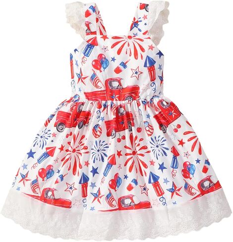 Akyzic Baby Girls 4th of July Dress Kids American Flag Patriotic Dresses Toddler Independence Day Outfits 1-8 Years in Saudi Arabia
