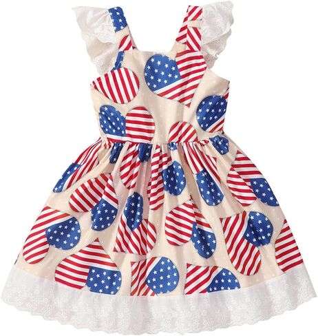 Baby Girls 4th of July Dress Kids American Flag Patriotic Stars Striped Dresses Toddler Independence Day Outfits 1-8 Years in Kuwait