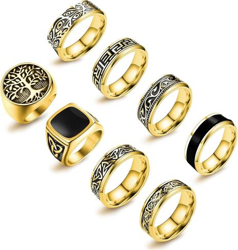eielo 8pcs حلقات الفولاذ المقاوم للصدأ خمر للرجال يونانيون يونويت إبهام الفضة الرجعية نحت حلقات فرقة سلتي in Saudi Arabia