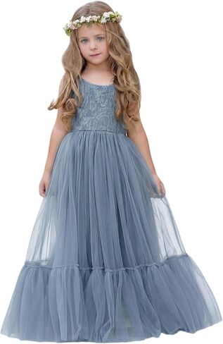 Flower Girl Dress Lace/Tulle Boho Toddler Dresses Ruffle Girl Dress for Wedding Garden Party Communion Beach in Kuwait