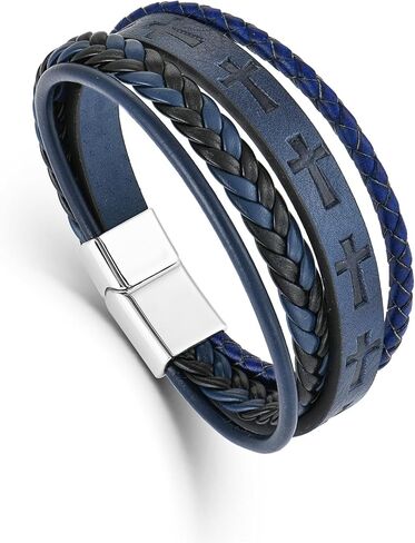 Mens Leather Cross Bracelet Multi-Layer Braided Faith Bracelet Religious Wristband Father's Day 8.5" Memory Bangle with Stainless Steel Buckle in Kuwait