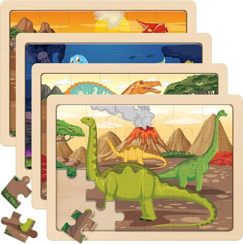 SYNARRY Large Dinosaur Wooden Puzzles for Kids 4 in 1 Gift Box(12.2 * 9.4 in) - FSC Certified, Jigsaw Puzzles for Kids Ages 4-6, Dinosaur Toys Gifts for 3 4 5 Year Old Boys Girls in Kuwait