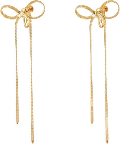 Clip on Earrings for Women 18K Gold Plated Long Tassel Bow Dangle Earrings Lightweight Ribbon Bowknot Ear Clips for Non Pierced Ears Minimalist Jewelry in Kuwait