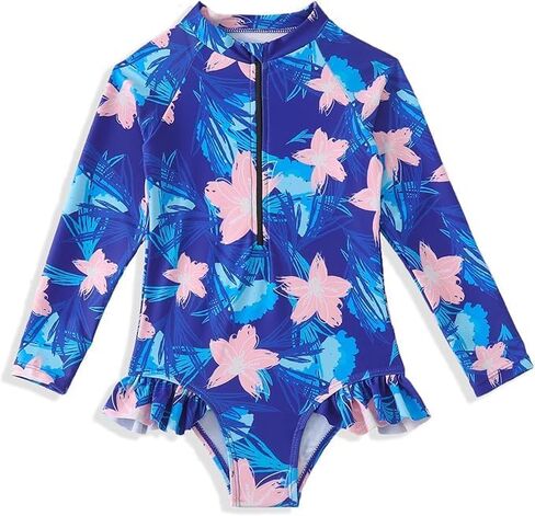 Kids Girls Swimsuit Long Sleeve One Piece Swimwear Zipper Bathing Suit UV Protection Rash Guard Swimming in Kuwait