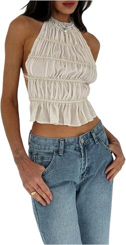 MakeMeChic Women's Ruffle Layered Halter Top Sleeveless Tie Back Y2K Crop Tops in Kuwait