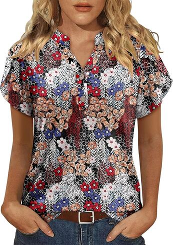 BETTE BOUTIK Womens Summer Shirts Short Sleeve V Neck Tunic Tops Casual Fashion Blouses in Kuwait
