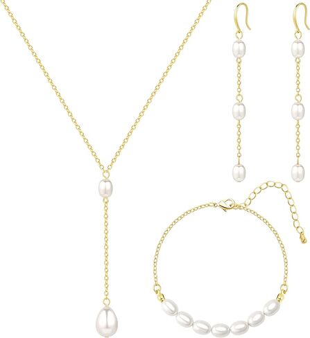 gelbesty Gold Jewelry Set for Women - Dainty 14K Gold Plated Pearl Choker Necklace, Drop Earrings ，Bracelets - Pearl Wedding Bride Jewelry Set in Kuwait