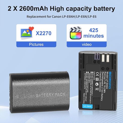 2 Pack of LP-E6NH Batteries and Charger for Canon EOS R R5 R6 R6II R7 EOS 90D 60D 70D 80D 5DIV 6DII 7D 7D Mark II Cameras 2200mAH High Capacity Battery in Kuwait