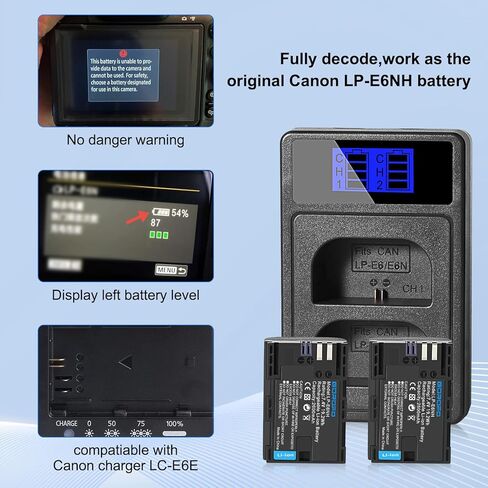 2 Pack of LP-E6NH Batteries and Charger for Canon EOS R R5 R6 R6II R7 EOS 90D 60D 70D 80D 5DIV 6DII 7D 7D Mark II Cameras 2200mAH High Capacity Battery in Kuwait