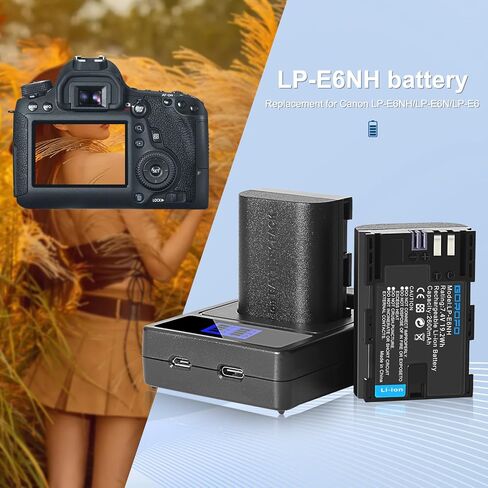 2 Pack of LP-E6NH Batteries and Charger for Canon EOS R R5 R6 R6II R7 EOS 90D 60D 70D 80D 5DIV 6DII 7D 7D Mark II Cameras 2200mAH High Capacity Battery in Kuwait