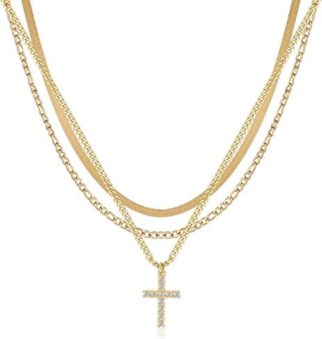 قلادة متقاطعة ذات طبقات للنساء ، الذهب الذهب الذهب 14 كيلو بايت/الجنيه الاسترليني مطلي بالزركونيا الزركوني المكعب الصليب الصليب البسيط سلسلة فيجارو كوبية بسيطة قلادة الأفعى هدية المجوهرات للنساء العصرية in Kuwait
