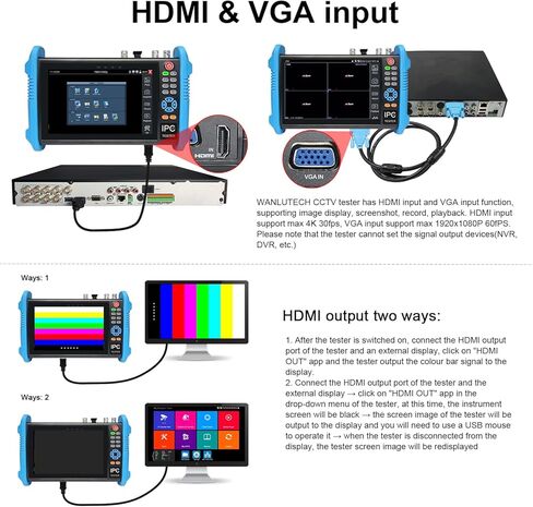 Upgraded 8K IP Camera Tester, WANLUTECH CCTV Tester 7 inch Touchscreen 8MP TVI CVI AHD SDI CVBS Camera Tester RJ45 Cable Tester PoE Network Tools RS485 WiFi HDMI I/O VGA in (IPC-9800ADHS Pro) in Kuwait