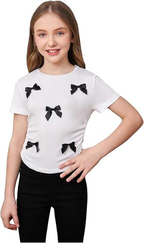 SweatyRocks Girl's Bowknot Short Sleeve T Shirts Crew Neck Ruched Y2K Fitted Summer Tops in Saudi Arabia