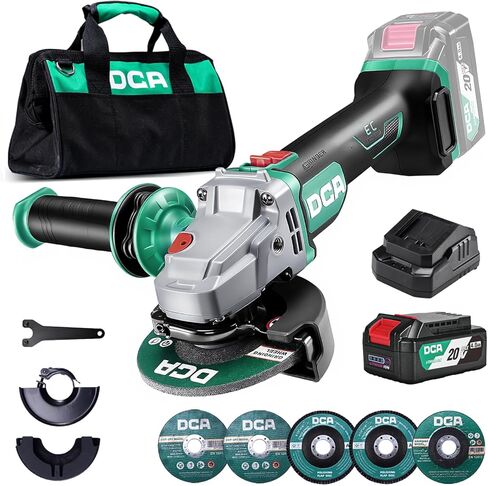 DCA Cordless Angle Grinder 20V 4-1/2 inch, 4.0Ah Battery & 2A Fast Charger, 8500RPM Brushless Motor, Power Angle Grinder with Cutting & Grinding Wheels, Flap Discs for Wood Metal & Rust Removal in Kuwait