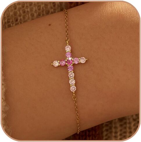 925 Sterling Silver Pink CZ Cross Bracelet for Women 14K Gold Plated Embated Trendy Faith Cross Cross Hypewallergenic Chair Bracelect for Mom Mom Denition Jewelry Generation Gift in Saudi Arabia