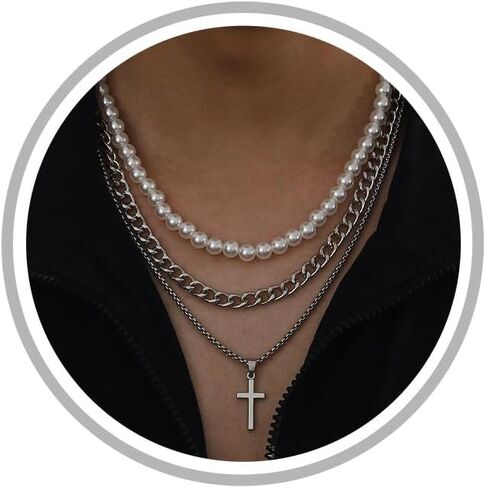 Pearl Necklace for Men Layered Cuban Link Cross Necklaces Mens Stainless Steel Chain Faux Pearl Choker Compass Pendant 3PCS Necklaces Set for Men Women Jewelry Gift in Kuwait