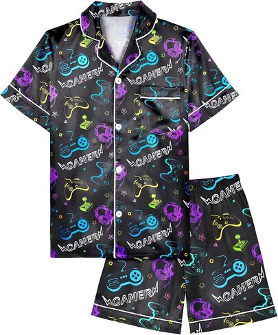 Fiodrimy Boys Pajamas Big Boys Satin PJS Set Summer Short Sleeve Button Down Kids Silky Pajama Lounge Sleepwear Size 8-14 in Kuwait