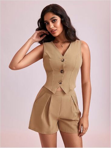 WDIRARA Women's 2 Piece Outfits Button Down Sleeveless Blazer Vest and High Waisted Shorts Set in Saudi Arabia