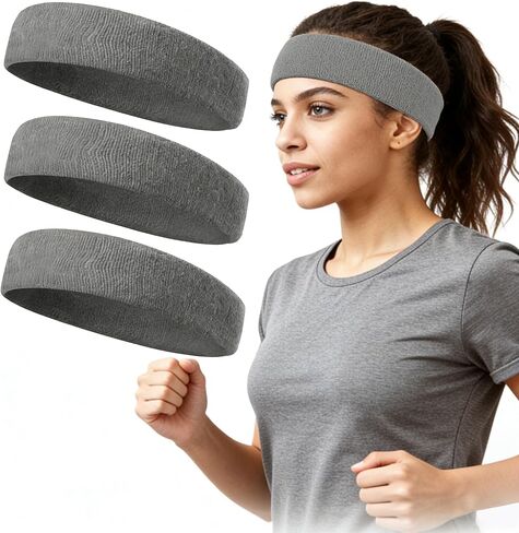 3 Pack Sweatbands Sports Headband for Men & Women - Moisture Wicking Athletic Cotton Terry Cloth Sweatband for Tennis, Basketball, Running, Gym, Working Out in Kuwait
