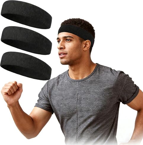3 Pack Sweatbands Sports Headband for Men & Women - Moisture Wicking Athletic Cotton Terry Cloth Sweatband for Tennis, Basketball, Running, Gym, Working Out in Saudi Arabia