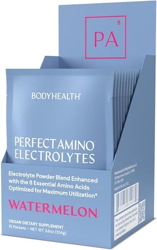 مسحوق إلكتروليتات بيرفيكت أمينو من بودي هيلث، مسحوق ترطيب، مزيج مشروب إلكتروليت خالي من السكر، مسحوق إلكتروليتات كيتو، غير معدل وراثيًا، ليمون ليموني (30 وجبة) in Kuwait