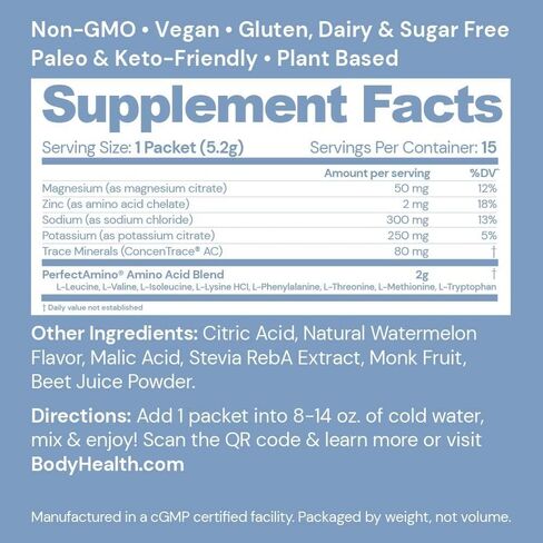 مسحوق إلكتروليتات بيرفيكت أمينو من بودي هيلث، مسحوق ترطيب، مزيج مشروب إلكتروليت خالي من السكر، مسحوق إلكتروليتات كيتو، غير معدل وراثيًا، ليمون ليموني (30 وجبة) in Kuwait