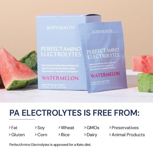 مسحوق إلكتروليتات بيرفيكت أمينو من بودي هيلث، مسحوق ترطيب، مزيج مشروب إلكتروليت خالي من السكر، مسحوق إلكتروليتات كيتو، غير معدل وراثيًا، ليمون ليموني (30 وجبة) in Kuwait
