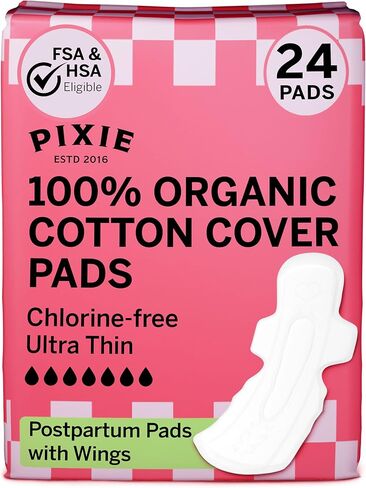 Pixie Cup Organic Cotton Postpartum Pads for Women - Extra Heavy Absorbency with Wings - Leak-Proof, Hypoallergenic & Unscented - Compostable, Biodegradable - 24 Count in Saudi Arabia