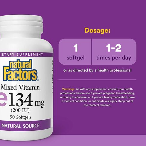 Natural Factors Vitamin E Mixed 200 IU, Antioxidant Support for Cellular Integrity, 90 Softgels in Kuwait