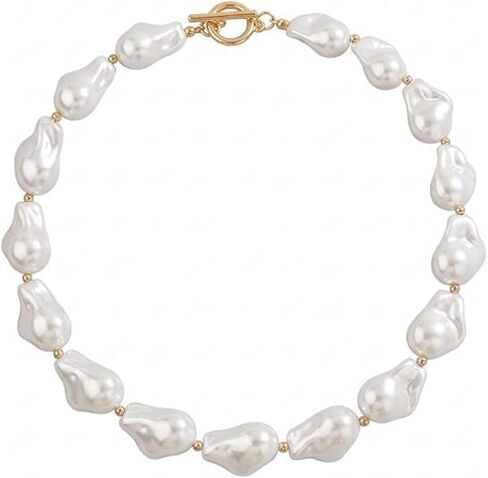Chunky Pearl Necklace for Women Baroque Pearl Choker Necklace White Freshwater Pearl Necklace Dainty Irregular Large Pearl Necklace Thick Pearl Beaded Chain Necklace in Kuwait